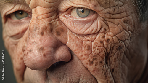 Vitiligo , close-up of age pigment spots on the face skin of an old human, cosmetic procedure for the removal of vitiligo by laser. Melanoma, a malignant mole on the skin.  photo