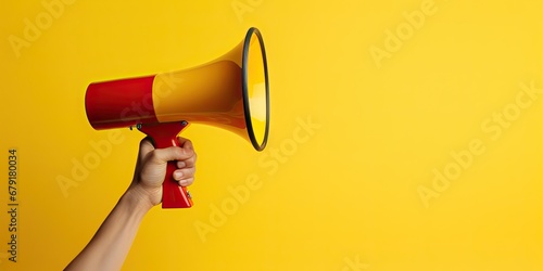 powerful of hand gripping a megaphone, conveying messages with authority, amplified communication, and impactful announcements.