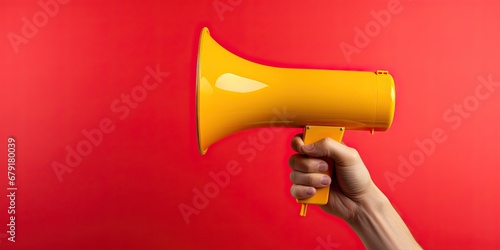 powerful of hand gripping yellow megaphone on red background photo