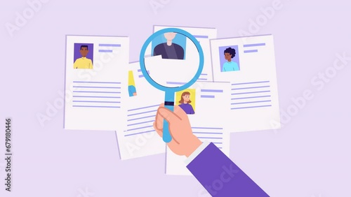 Animation of curriculum vitae papers with photo, magnifying glass. Hiring concept, new employees, recruitment. Choose best job candidates, resume. Human resource management. Cartoon style video photo
