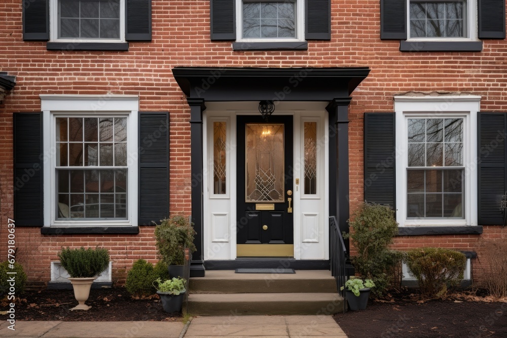 colonial brick construction with a black front door
