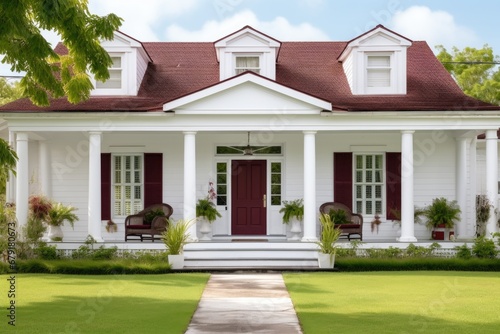 colonial house, white exterior with a maroon central front door © Alfazet Chronicles