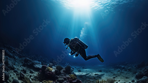 Horizontal AI photo of a diver in the ocean checking his status. Social problems concept
