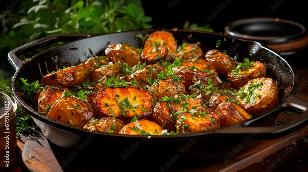 fried potatoes with rosemary in cast iron pan on wooden table. rustic style. selective focus.