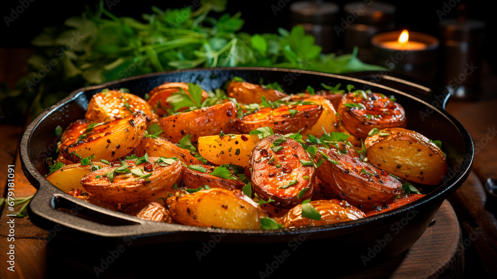 fried potatoes with rosemary in cast iron pan on wooden table. rustic style. selective focus. fried potatoes with rosemary in cast iron pan on wooden table. rustic style. selective focus.