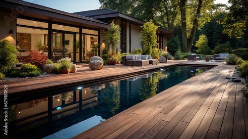 modern swimming villa in the evening at the evening