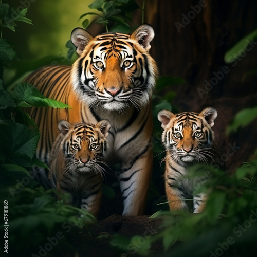 Fotografia de primer plano con detalle de tigresa con pareja de cachorros  entre vegetaci  n