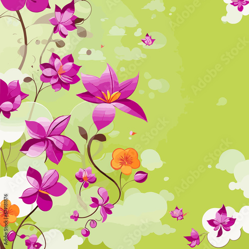 A vibrant green background adorned with colorful flowers and graceful butterflies.