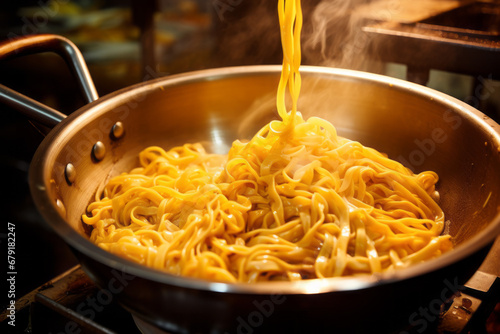 Pot with freshly cooked steaming pasta