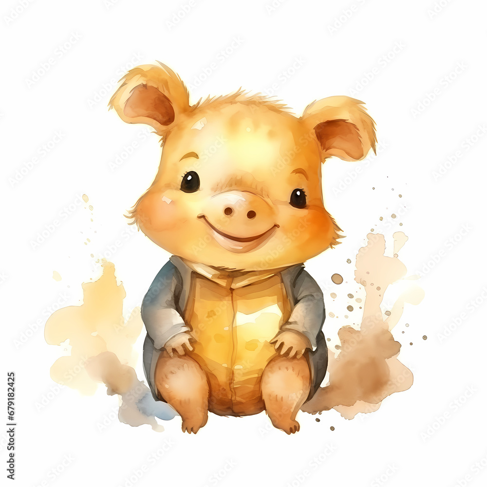 Fototapeta premium Golden pig character, funny watercolor illustration.