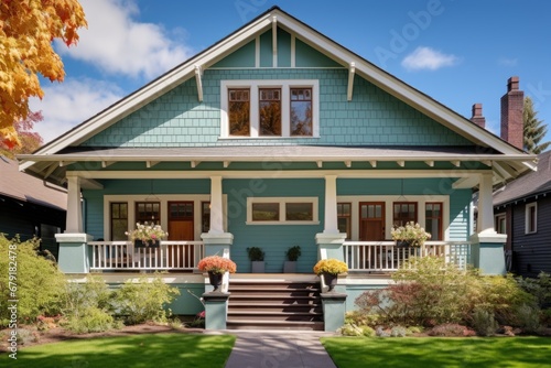 craftsman house, central gable designed with colored glass windows photo