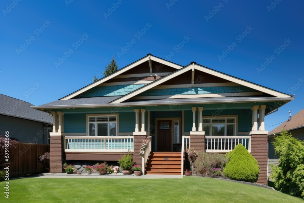 craftsman home with brown overhanging eaves against a clear blue sky
