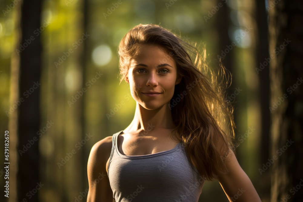 Sporting outdoors and in a beautiful forest in sportswear. A healthy, well-groomed, beautiful businesswoman.