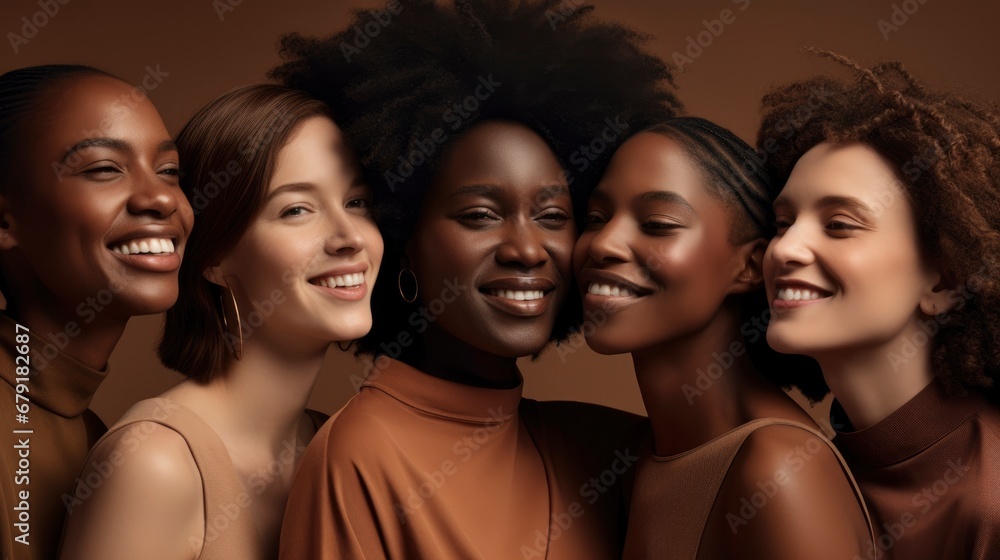 Obraz premium Group of beautiful women of different races come together to create a vibrant portrait. Concept of ethnic diversity. Generative ai