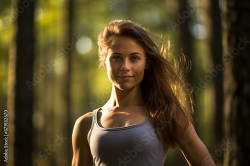 Sporting outdoors and in a beautiful forest in sportswear. A healthy, well-groomed, beautiful businesswoman.