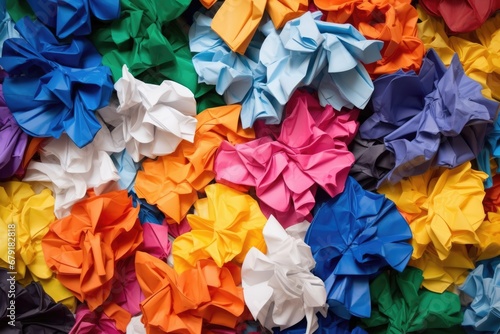 fanned out multi-colored, crumpled paper pile