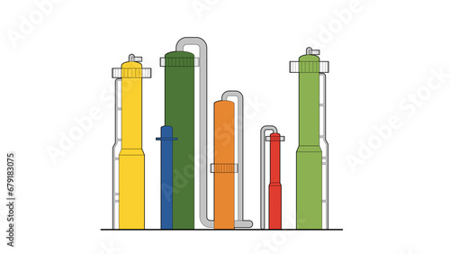 A color line drawing showing a crude oil distillation unit with distillation columns, piping, and catwalks
