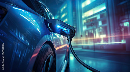 Power supply connected to electric vehicle charge battery. EV charging station for electric car or Plug-in hybrid car. Automotive innovation and technology concepts