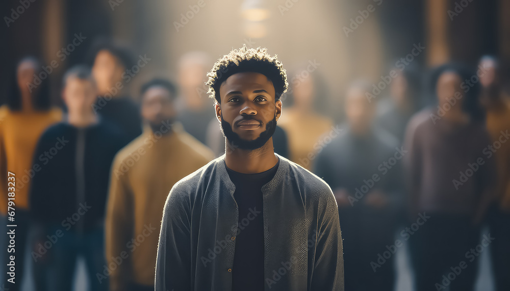 Man in a crowd of people on the street , black history month - obrazy, fototapety, plakaty 