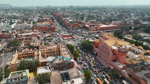 Aerial view of Hawa Mahal. Hawa Mahal, also known as Palace of Breeze and Palace of Winds, is one of the popular tourist destinations in Jaipur, Rajasthan, India.
