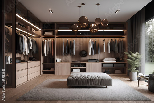 Stylish interior of wardrobe in modern luxury house.