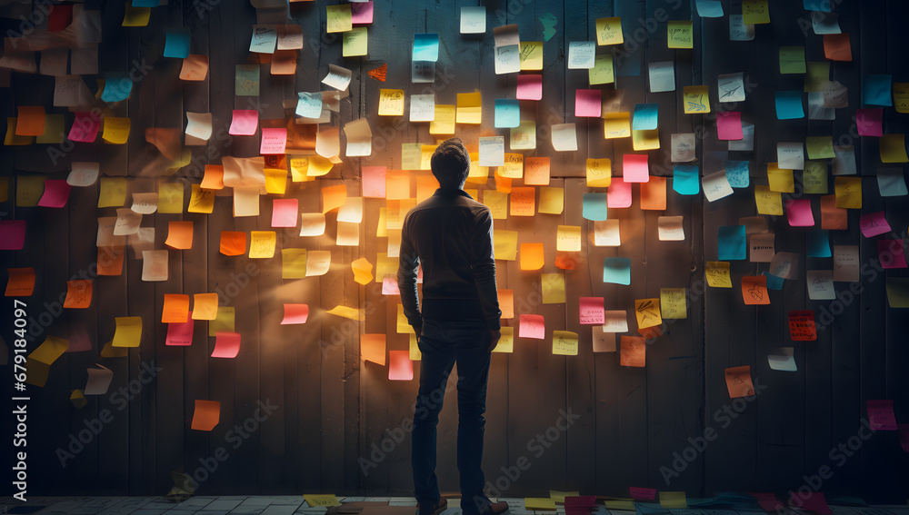Man in front of sticky notes wall Man in front of sticky notes wall