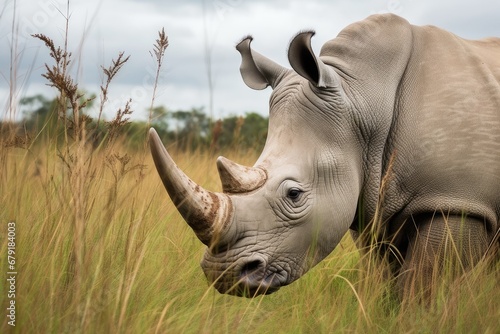 a white rhino grazing among tall grass under an overcast sky
