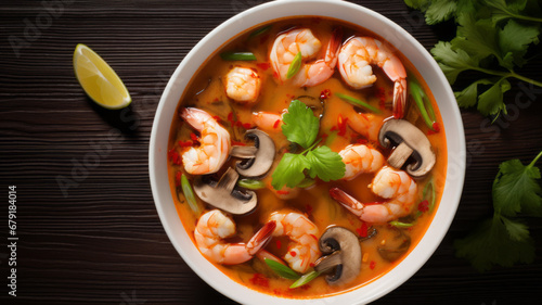 Tom Yam kung Spicy Thai soup with shrimp, seafood, coconut milk and chili pepper