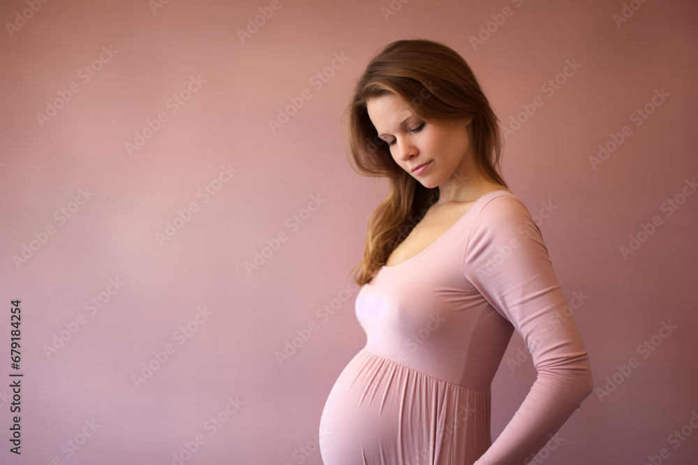 A noble, beautiful and lovely pregnant mother woman standing in front of a pastel coloured background. A noble, beautiful and lovely pregnant mother woman standing in front of a pastel coloured background.