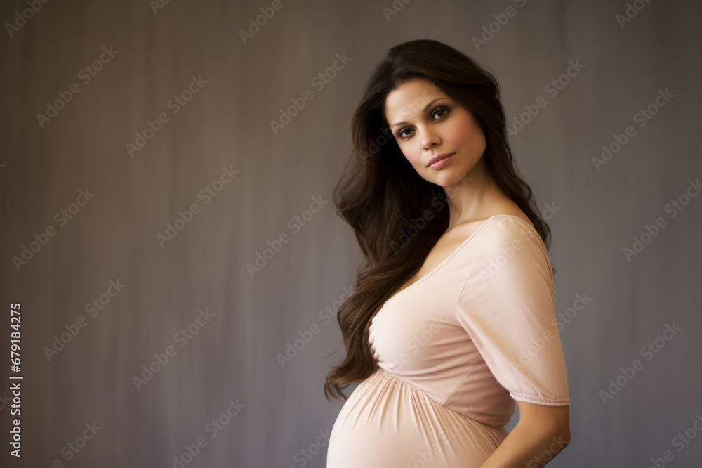 A noble, beautiful and lovely pregnant mother woman standing in front of a pastel coloured background.
