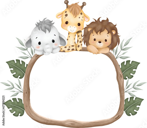 Watercolor Illustration wooden frame with cute baby safari animals sit on green grass and tropical leaves