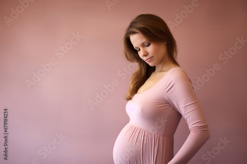 A noble, beautiful and lovely pregnant mother woman standing in front of a pastel coloured background.