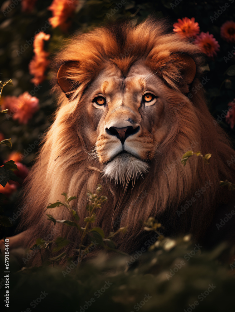 Portrait of a male lion (Panthera leo) with mane, flowers and floral arrangements