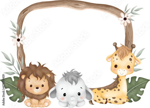 Watercolor Illustration wooden frame with cute baby safari animals sit on green grass and tropical leaves