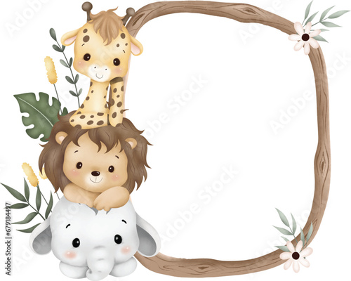 Watercolor Illustration wooden frame with cute baby safari animals sit on green grass and tropical leaves