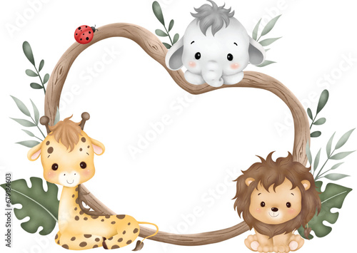 Watercolor Illustration wooden frame with cute baby safari animals sit on green grass and tropical leaves