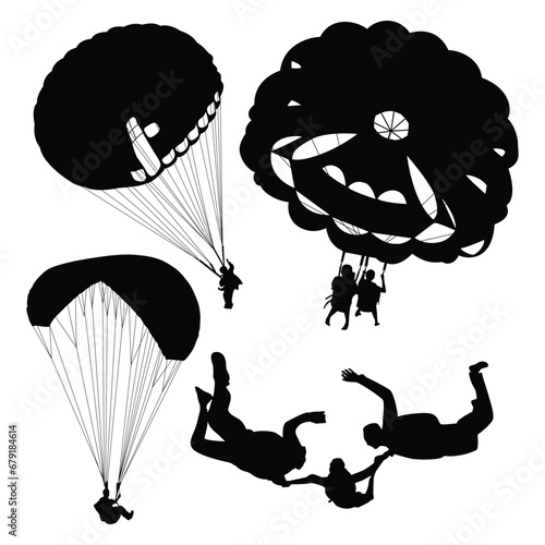 Skydiving or Paragliding Silhouettes Vector