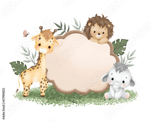 Watercolor Illustration wooden board with cute baby safari animals sit on green grass and tropical leaves