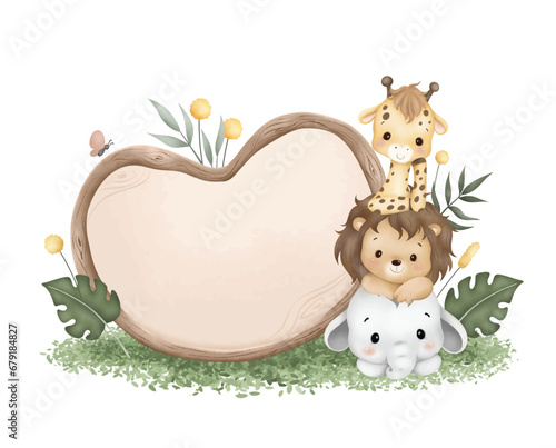 Canvas Print Watercolor Illustration wooden board with cute baby safari animals sit on green