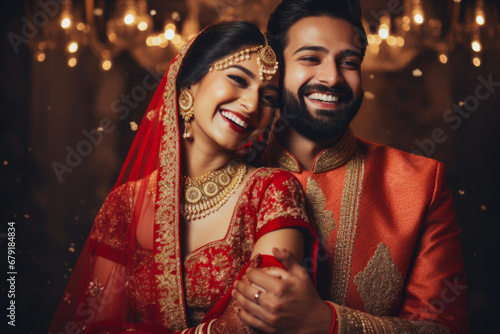 Portrait of a smiling Indian ethnic Bride and Groom wearing traditional costumes and jewellery