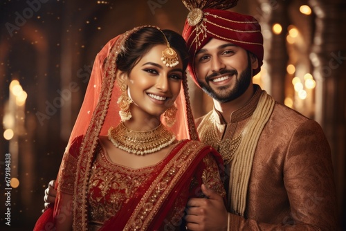 Portrait of a smiling Indian ethnic Bride and Groom wearing  traditional costumes and jewellery