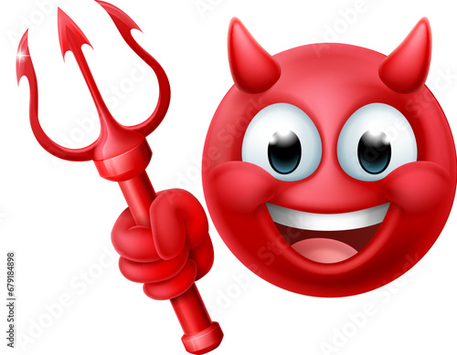 A red devil or satan emoji emoticon man face holding a trident, pitchfork or pitch fork cartoon icon mascot.