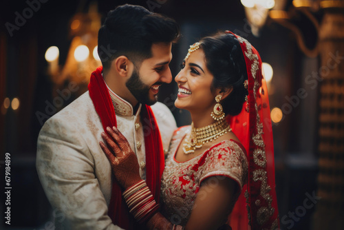 Portrait of a smiling Indian ethnic Bride and Groom wearing  traditional costumes and jewellery photo