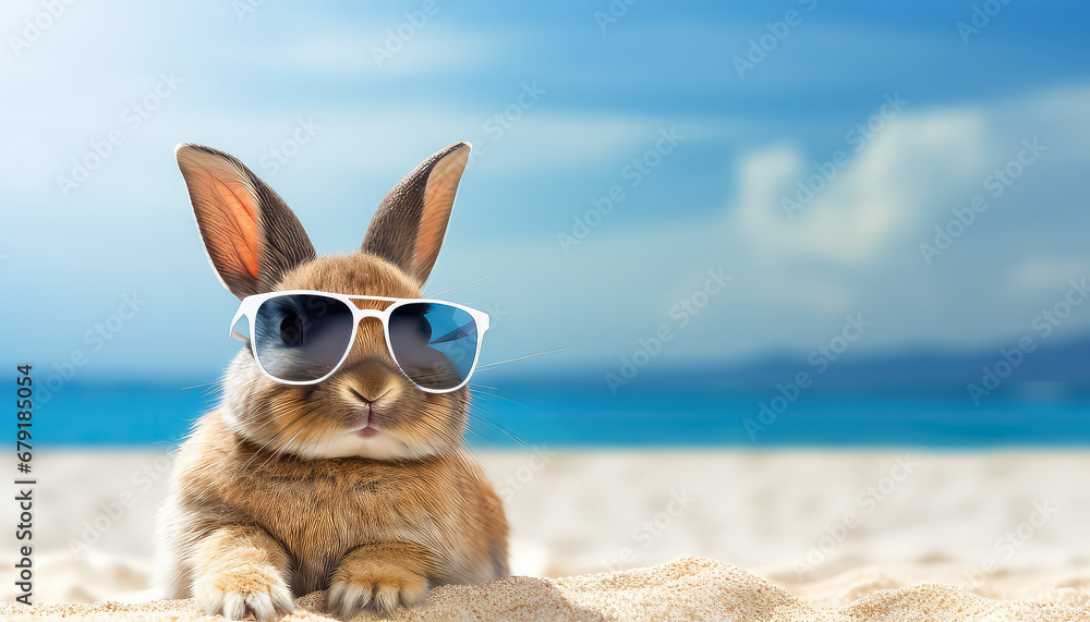 Grey hare in sunglasses on the beach in summer, easter concept