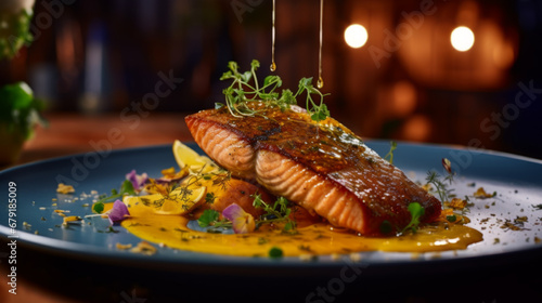 Grilled salmon fillet with crispy skin and toasted asparagus on a plate.