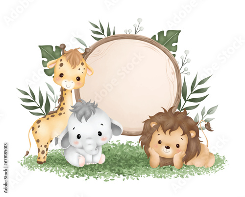 Watercolor Illustration wooden board with cute baby safari animals sit on green grass and tropical leaves © Stella