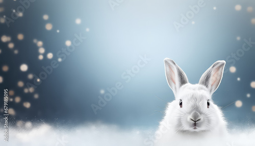 White hare in winter background  easter concept