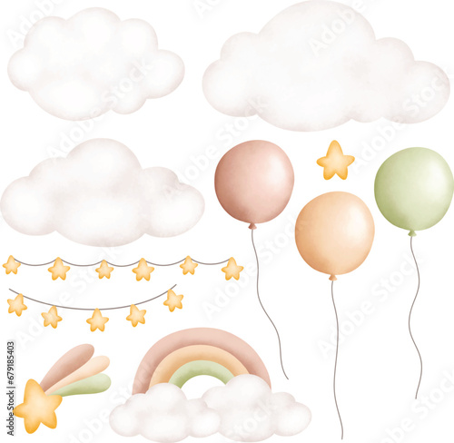 Watercolor Illustration set of cloud star balloon and rainbow