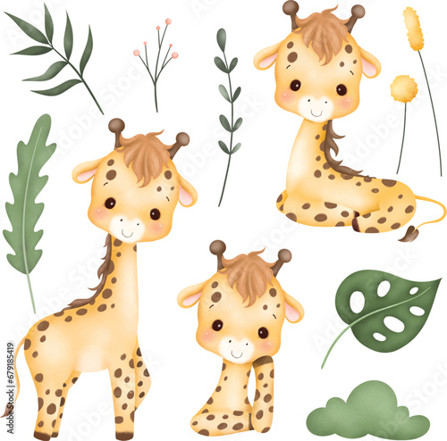 Watercolor Illustration set of baby giraffe and tropical leaves