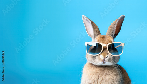 Hare in sunglasses on blue background, easter concept photo